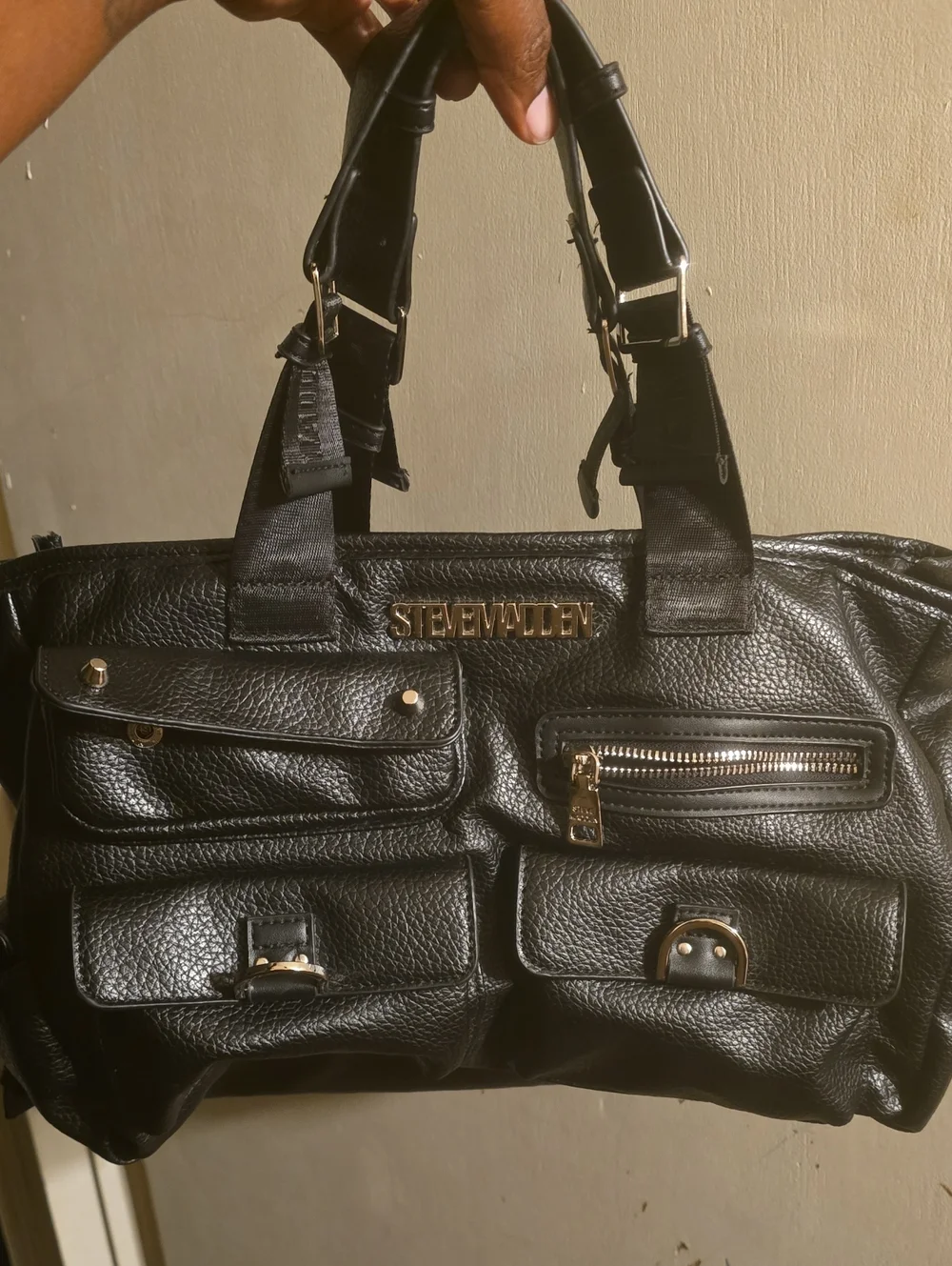 Steve Madden Black Faux Leather Duffel Bag with Gold Hardware